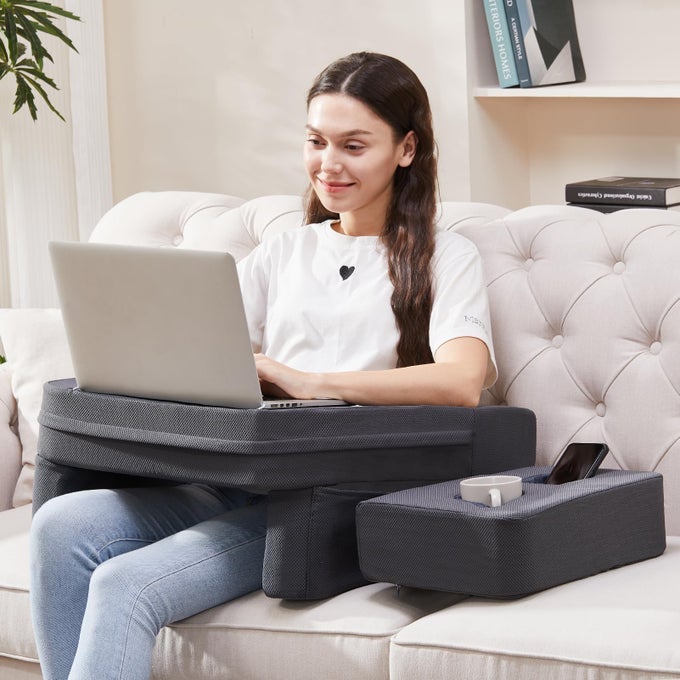 LAP DESK FOR LAPTOP READING PILLOW FOR ADULT MEMORY FOAM GAMING PILLOW WITH CUP HOLDER ARM REST COUCH PILLOW FOR WORKING GAMING READING LAPTOP DESK FOR COUCH BED FLOORGREY