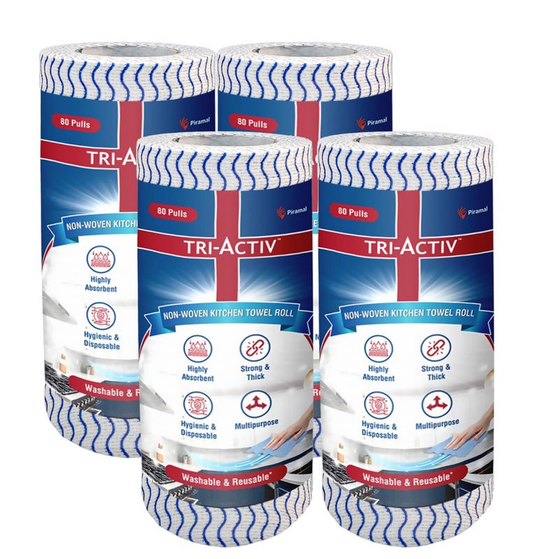 TRI-ACTIV Washable & Reusable Kitchen Towel Roll | 80 Pulls per Roll, 320 Sheets Pack of 4 | Highly Absorbent Kitchen Tissue Roll | Non Woven Fabric | Better alternative to Paper Tissue Roll | Blue - Image 1