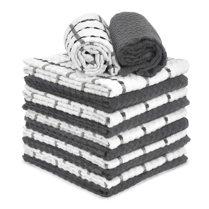 GRAY WHITE KITCHEN DISH TOWELS 100 COTTON DOBBY WEAVE TERRY TOWEL SET 12 GREY SOFT ABSORBENT DISH CLOTH FOR HAND AND ALL KITCHEN CLEANING 15 X 25 MACHINE WASHABLE CHARCOAL