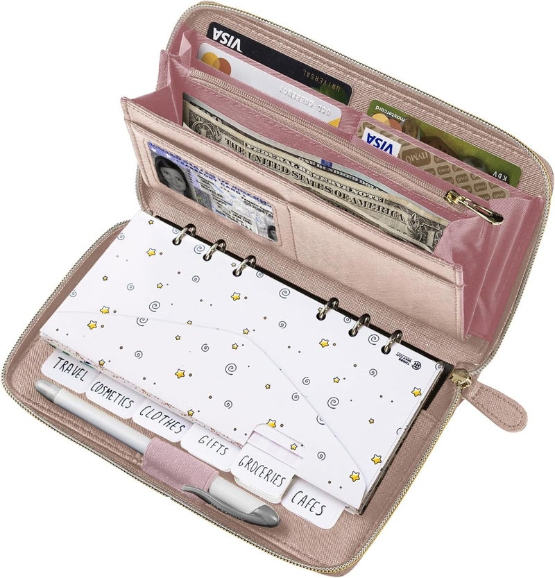 THREE WAY CUT Cash Envelope Wallet Rose Gold All in One Budget System RFID Blocking with 12x Tabbed Cash Envelopes, 12x Monthly Budget Cards 1x Yearly Budget Planner Sheet Complete Money Organizer Set for Cash, - Image 1
