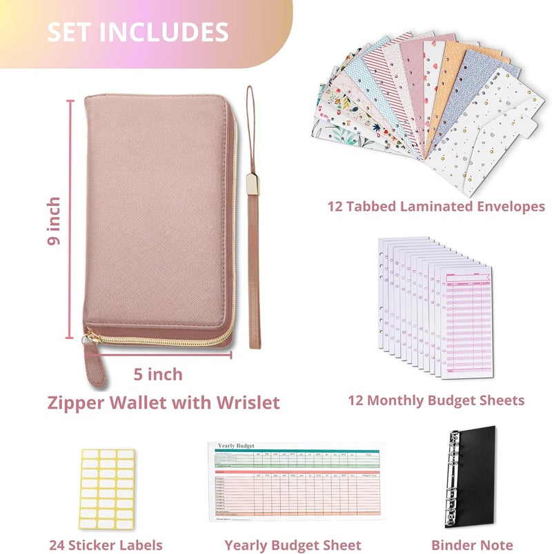 THREE WAY CUT Cash Envelope Wallet Rose Gold All in One Budget System RFID Blocking with 12x Tabbed Cash Envelopes, 12x Monthly Budget Cards 1x Yearly Budget Planner Sheet Complete Money Organizer Set for Cash, - Image 2