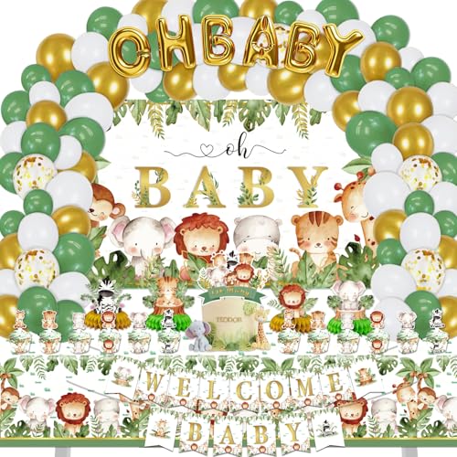 Mpanwen Safari Jungle Baby Shower Decorations Jungle Animal Party Supplies Decor for Boy Girl Showers Birthdays with Banners Cake Topper Cupcake Topper Balloons Sash Corsage - Image 1