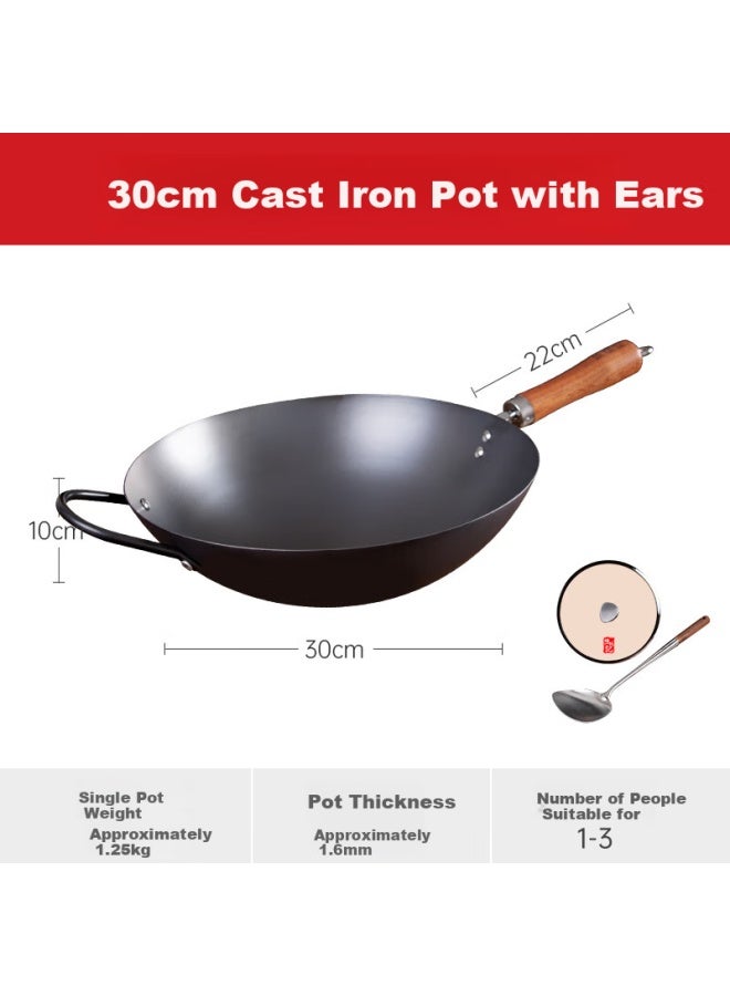 Chenzhiji Iron Wok For Home Cooking, Round Bottom Suitable For Gas Stove, Nitrided Anti-rust, With Handles, 30cm (including Lid And Spatula) - Image 1