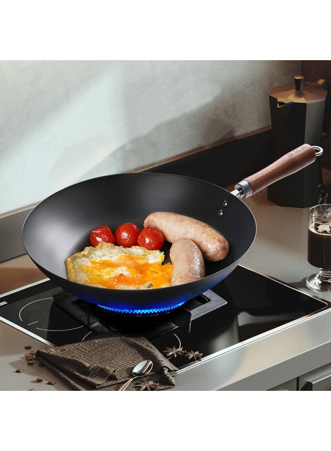 Chenzhiji Iron Wok For Home Cooking, Round Bottom Suitable For Gas Stove, Nitrided Anti-rust, With Handles, 30cm (including Lid And Spatula) - Image 2