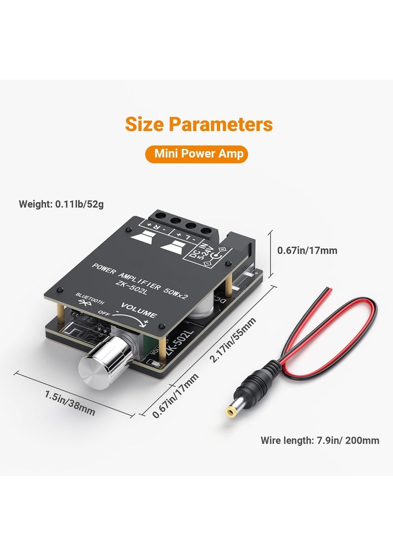 KASTWAVE - ZK-502L Bluetooth 5.0 Amplifier Board 2 Channels 50W x 2 Mini Receiver Wireless Stereo Audio Digital Amp Module for Home Passive Speakers - Image 1