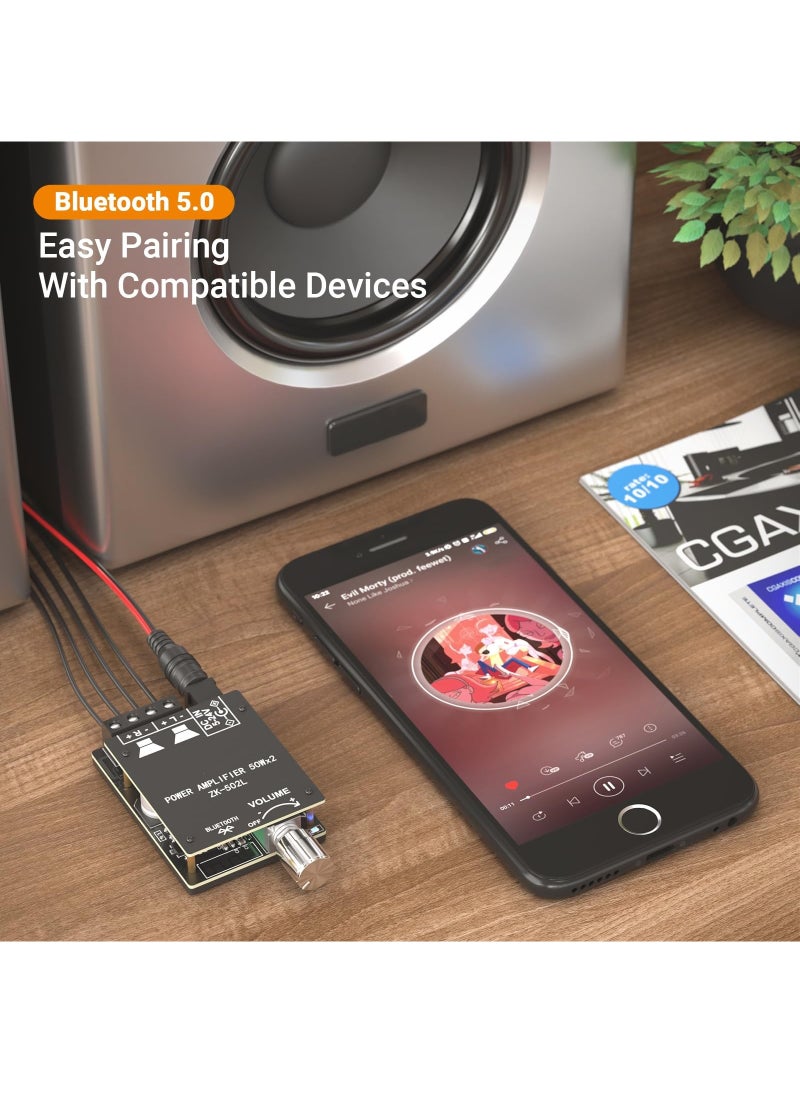 KASTWAVE - ZK-502L Bluetooth 5.0 Amplifier Board 2 Channels 50W x 2 Mini Receiver Wireless Stereo Audio Digital Amp Module for Home Passive Speakers - Image 1