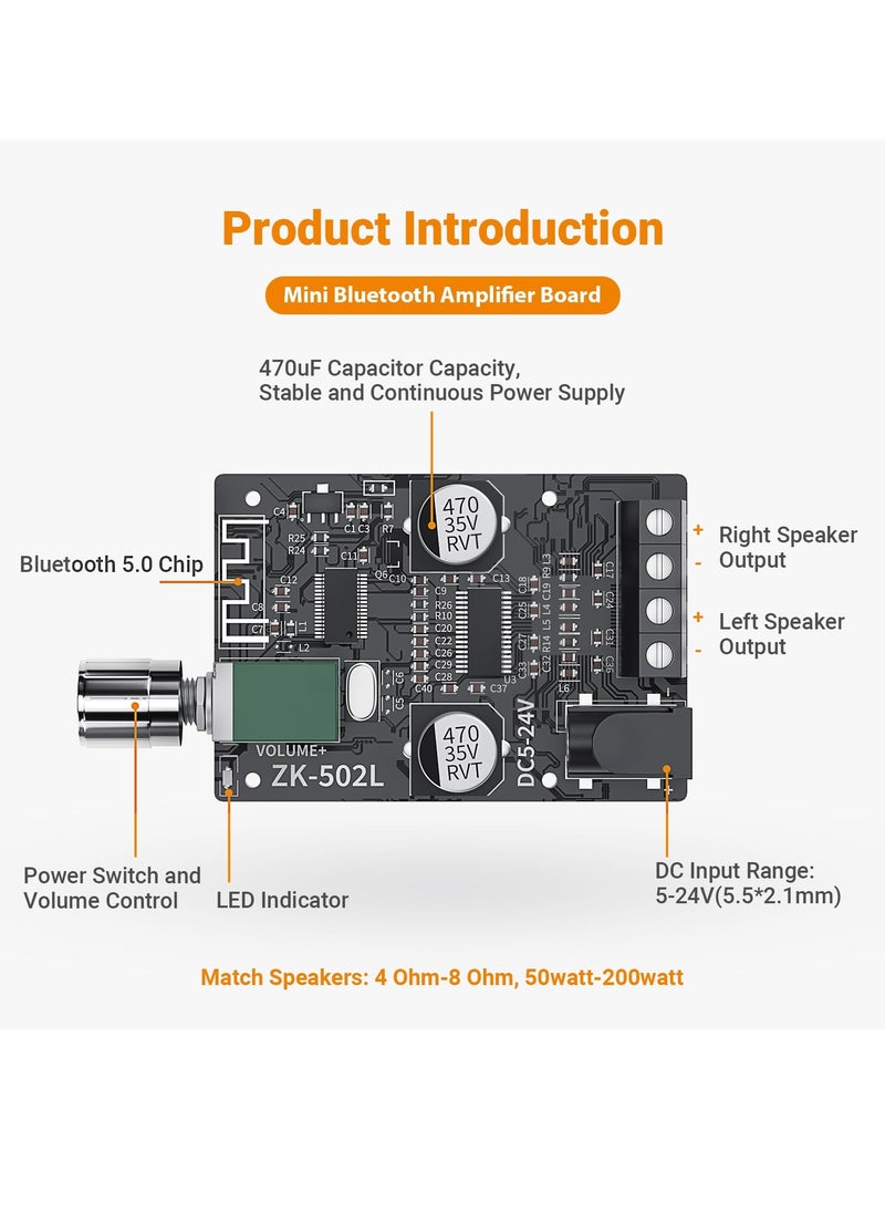 KASTWAVE - ZK-502L Bluetooth 5.0 Amplifier Board 2 Channels 50W x 2 Mini Receiver Wireless Stereo Audio Digital Amp Module for Home Passive Speakers - Image 1