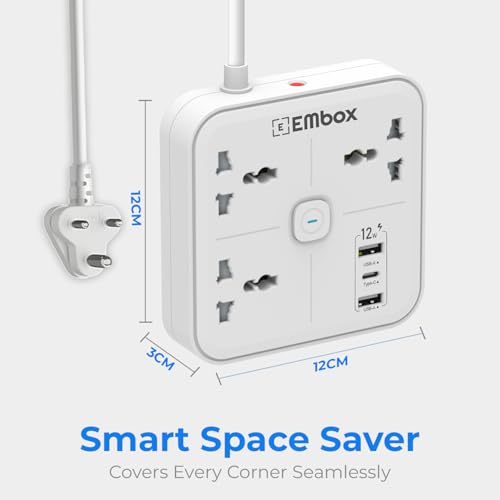 EMBOX Modern Extension Board with USB | 3 Universal Sockets and Type-C USB Ports (12W) | Extension Board with Switches | Overload Protector Indicator 2500W, 2 Meter Extension Cord - Image 4