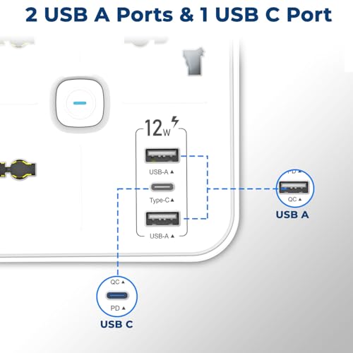 EMBOX Modern Extension Board with USB | 3 Universal Sockets and Type-C USB Ports (12W) | Extension Board with Switches | Overload Protector Indicator 2500W, 2 Meter Extension Cord - Image 3