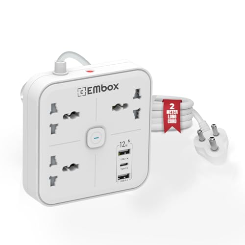 EMBOX Modern Extension Board with USB | 3 Universal Sockets and Type-C USB Ports (12W) | Extension Board with Switches | Overload Protector Indicator 2500W, 2 Meter Extension Cord - Image 1