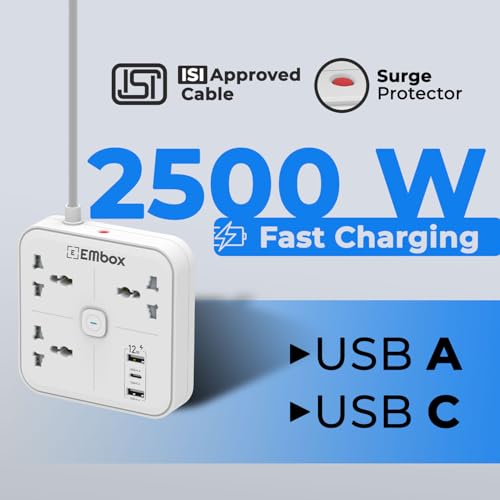 EMBOX Modern Extension Board with USB | 3 Universal Sockets and Type-C USB Ports (12W) | Extension Board with Switches | Overload Protector Indicator 2500W, 2 Meter Extension Cord - Image 2