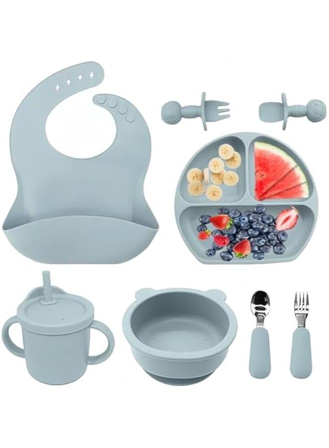 هوكور مجموعة ادوات طعام للاطفال من بلورفوكس، مجموعة ادوات مائدة للاطفال مع وعاء شفط وطبق مقسم، لوازم فطام للاطفال مع ملاعق وشوك وكوب مضاد للانسكاب ومريلة قابلة للتعديل، ادوات تناول الطعام لعمر 6 اشهر فما - Image 1