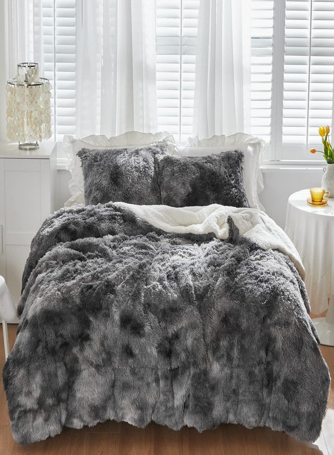 Flysheep Luxury Faux Fur Shaggy Fluffy Comforter Set King Size Mixed Black and White Long Hair, 3 Pieces Plush Flannel Sherpa Backing Reversible Soft Microfiber Bedding Set Super Warm for Winter - Image 2