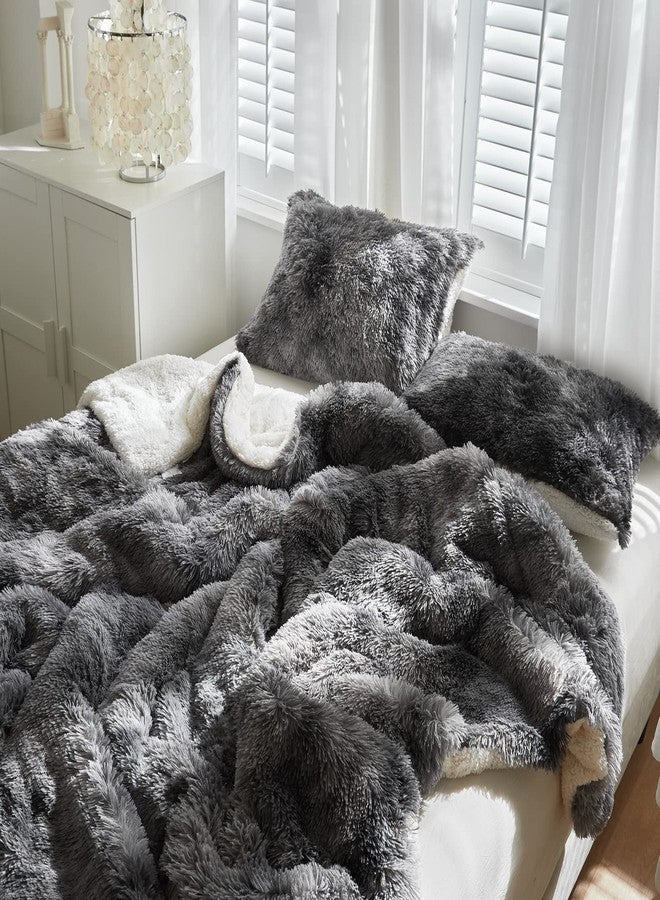 Flysheep Luxury Faux Fur Shaggy Fluffy Comforter Set King Size Mixed Black and White Long Hair, 3 Pieces Plush Flannel Sherpa Backing Reversible Soft Microfiber Bedding Set Super Warm for Winter - Image 5