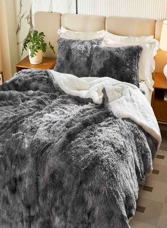 Flysheep Luxury Faux Fur Shaggy Fluffy Comforter Set King Size Mixed Black and White Long Hair, 3 Pieces Plush Flannel Sherpa Backing Reversible Soft Microfiber Bedding Set Super Warm for Winter - Image 1