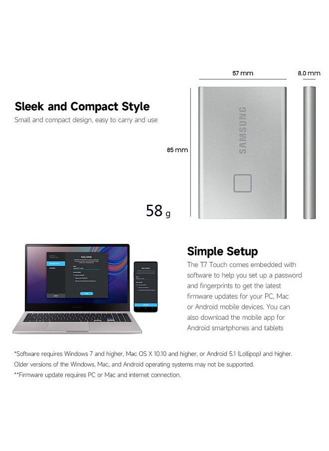 Samsung - T7 Touch Type-C USB 3.2 2TB Portable SSD up to 1050MB/s Sequential Read Speed Fingerprint Identification Blue - Image 1