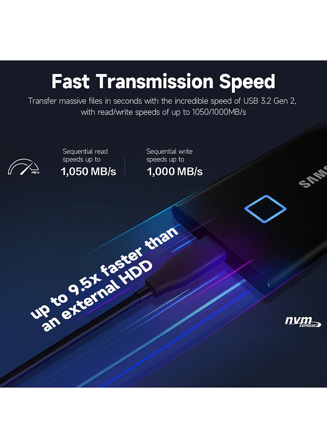Samsung - T7 Touch Type-C USB 3.2 2TB Portable SSD up to 1050MB/s Sequential Read Speed Fingerprint Identification Blue - Image 1