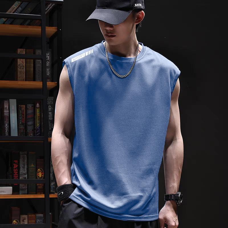 2025 New Ice Silk Vessel T-shirt Mens Summer Loose Sports Fitness Quick-drying Sleeveless Slim Shoulder Thin T-shirt Pure blue [single pole butterfly mesh vest]