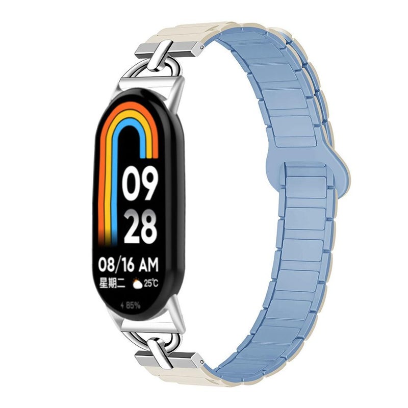 erorex For Xiaomi Smart Band 10 / 9 / 8 D-Shaped Tri-Beads Magnetic Silicone Watch Band(White Fog Blue) - Image 1