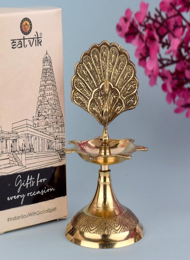 SATVIK STORE ساتفيك 4 بوصة طاووس نحاسي كيرالا ساماي بوجا ديا. مصباح زيت Kuthu Vilakku التقليدي. منتج هدية العودة لمنزل جديد هندي - Image 1