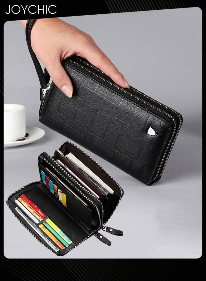 Joychic محفظة رجالية من الجلد الطبيعي مقاومة للماء بسحاب طويل من الجلد بتصميم هندسي للهاتف المحمول حقيبة يد صغيرة كاجوال متعددة التصنيف للسفر والعمل والتسوق باللون الأسود - Image 1