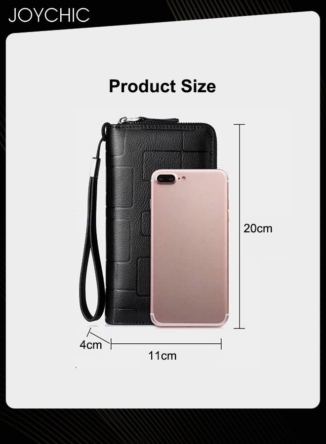 Joychic محفظة رجالية من الجلد الطبيعي مقاومة للماء بسحاب طويل من الجلد بتصميم هندسي للهاتف المحمول حقيبة يد صغيرة كاجوال متعددة التصنيف للسفر والعمل والتسوق باللون الأسود - Image 5