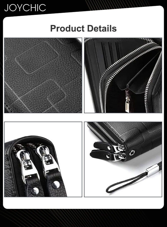 Joychic محفظة رجالية من الجلد الطبيعي مقاومة للماء بسحاب طويل من الجلد بتصميم هندسي للهاتف المحمول حقيبة يد صغيرة كاجوال متعددة التصنيف للسفر والعمل والتسوق باللون الأسود - Image 4