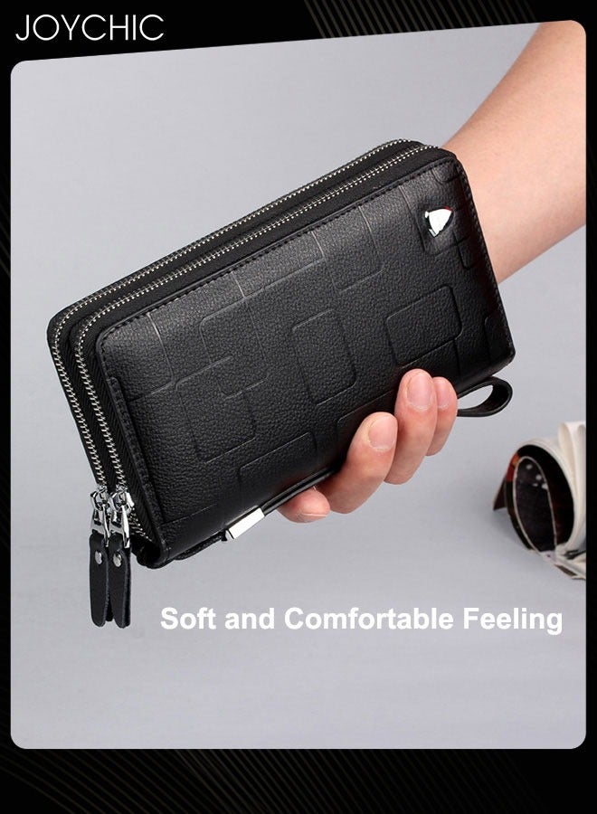 Joychic محفظة رجالية من الجلد الطبيعي مقاومة للماء بسحاب طويل من الجلد بتصميم هندسي للهاتف المحمول حقيبة يد صغيرة كاجوال متعددة التصنيف للسفر والعمل والتسوق باللون الأسود - Image 3