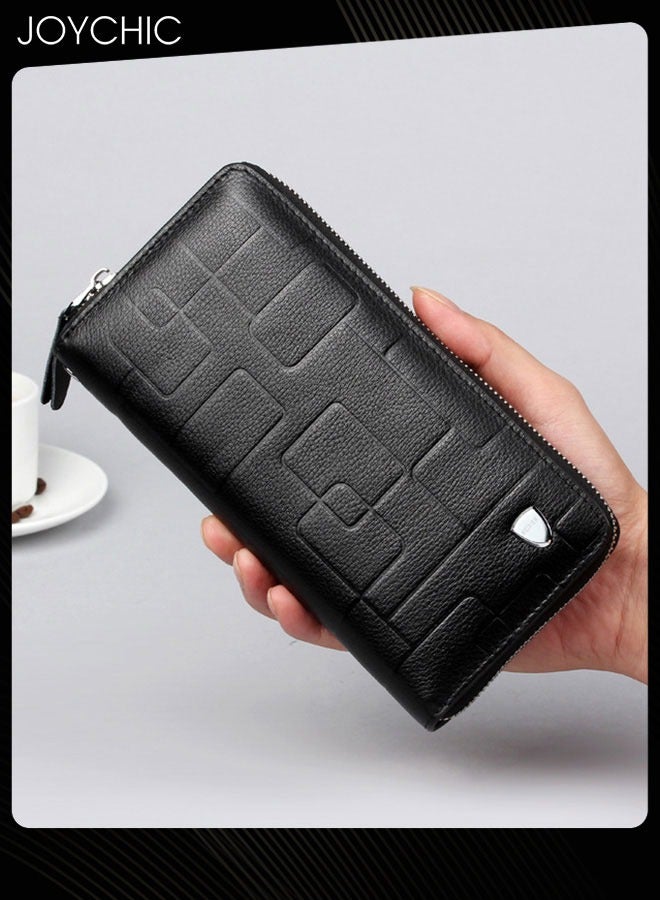 Joychic محفظة رجالية من الجلد الطبيعي مقاومة للماء بسحاب طويل من الجلد بتصميم هندسي للهاتف المحمول حقيبة يد صغيرة كاجوال متعددة التصنيف للسفر والعمل والتسوق باللون الأسود - Image 2