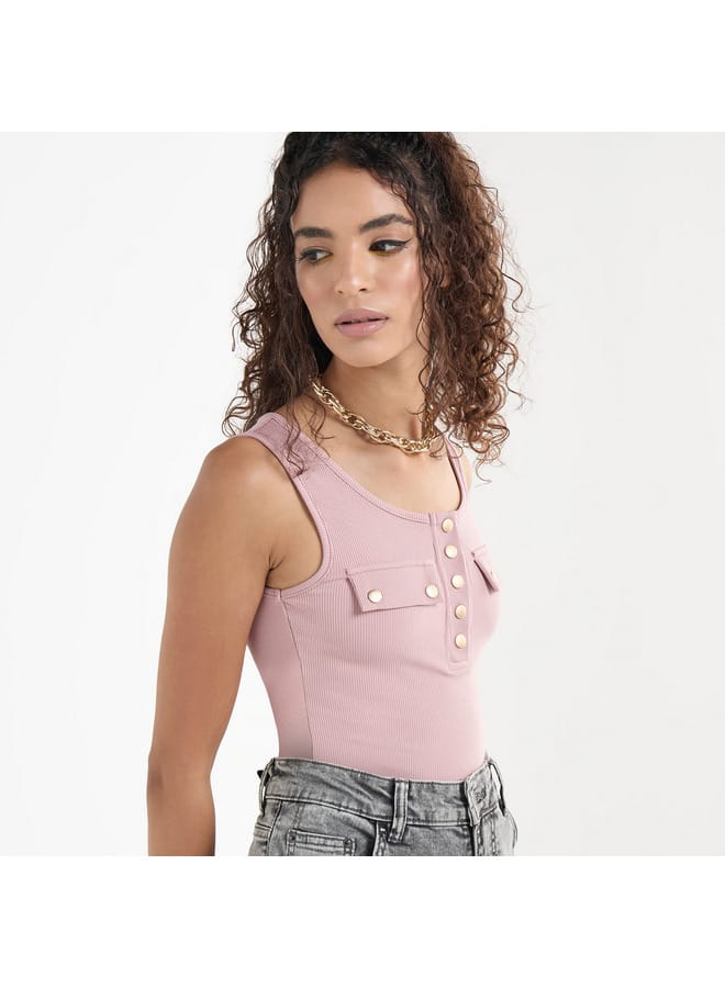 Splash FAV Ribbed Tank Top with Round Neck and Flap Detail - Image 1