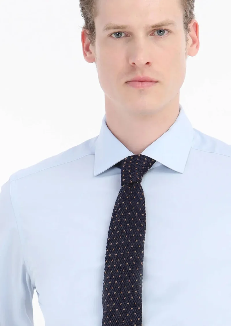 RAMSEY Blue Plain Slim Fit Weaving Classical Cotton Blended Shirt