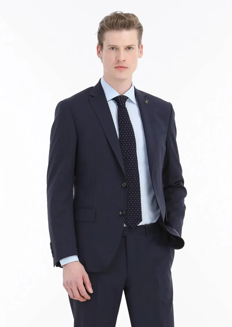 RAMSEY Blue Plain Slim Fit Weaving Classical Cotton Blended Shirt