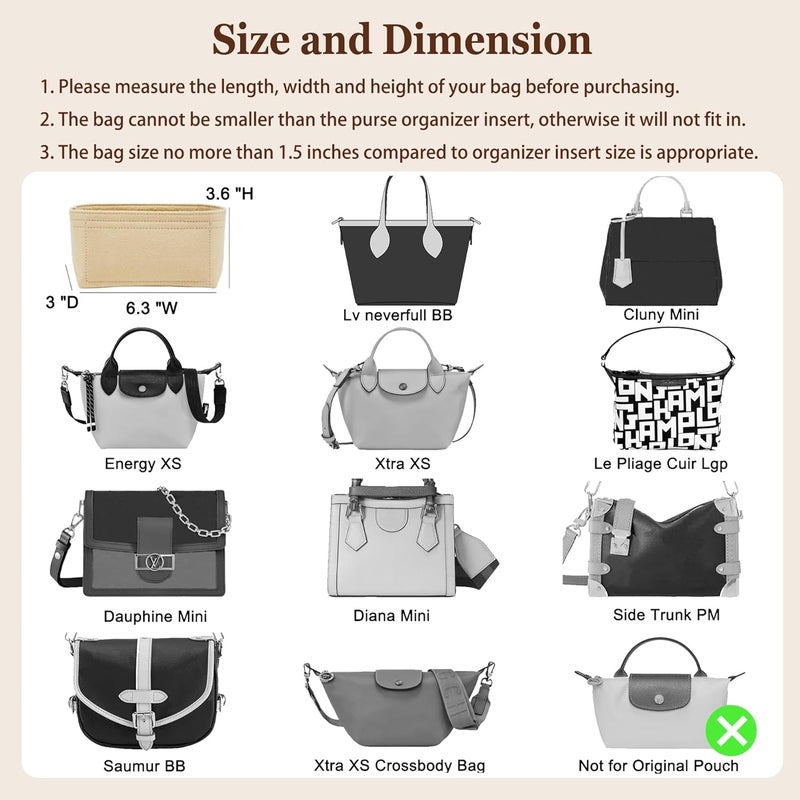 Doxo Purse Organizer Insert for Longchamp Mini/XS Handbags and Lv Neverfull BB (XS/BB,Beige) - Image 3