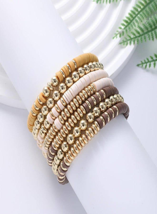 GOOJIDS Surfer Heishi Clay Bead Bracelets for Women Bohemian Stackable Gold Beaded Stretch Bracelets Elastic Layering Friendship Bracelets Set Boho Jewelry, Medium, Polymer clay, no gemstone - Image 2