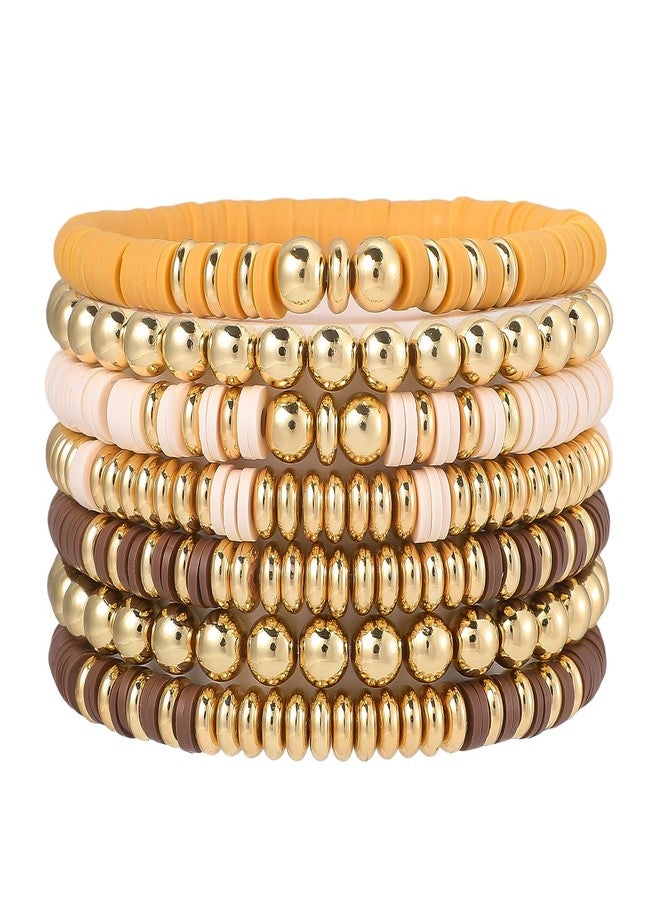 GOOJIDS Surfer Heishi Clay Bead Bracelets for Women Bohemian Stackable Gold Beaded Stretch Bracelets Elastic Layering Friendship Bracelets Set Boho Jewelry, Medium, Polymer clay, no gemstone - Image 1