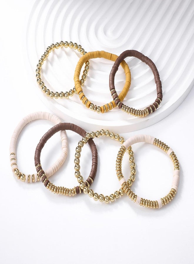 GOOJIDS Surfer Heishi Clay Bead Bracelets for Women Bohemian Stackable Gold Beaded Stretch Bracelets Elastic Layering Friendship Bracelets Set Boho Jewelry, Medium, Polymer clay, no gemstone - Image 3