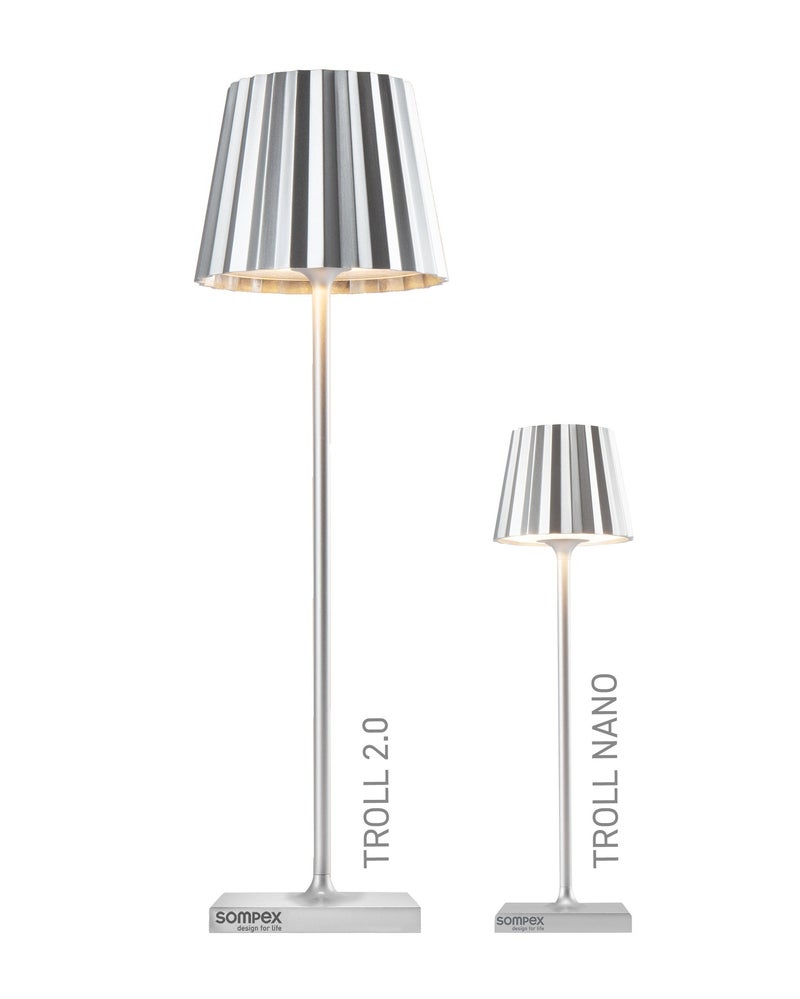 Sompex Troll Nano Table Lamp (Glossy finish) | Indoor & Outdoor | 2 light colours | Stepless touch dimmer | 1.6W LED Battery Operated | Aluminium | 54 (splash and dust proof) 10 x 21 cm - Silver - Image 2