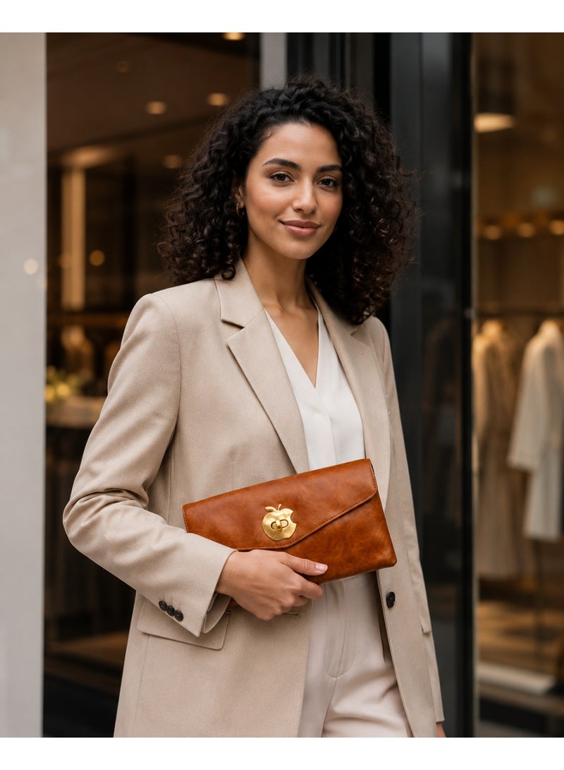 zoba Women's 2-in-1 clutch and crossbody bag in a tan color, made of faux leather with a luxurious pattern and a gold clasp, suitable for going out, evenings out, and everyday use. - Image 4