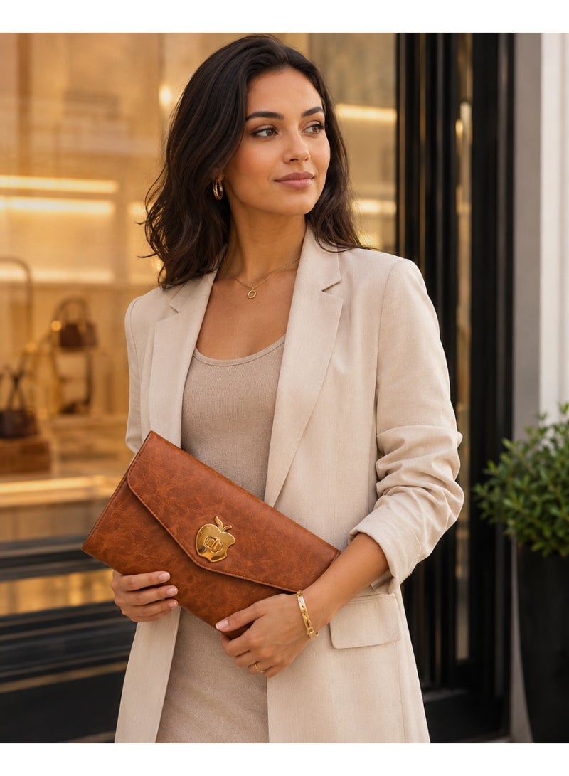 zoba Women's 2-in-1 clutch and crossbody bag in a tan color, made of faux leather with a luxurious pattern and a gold clasp, suitable for going out, evenings out, and everyday use. - Image 3