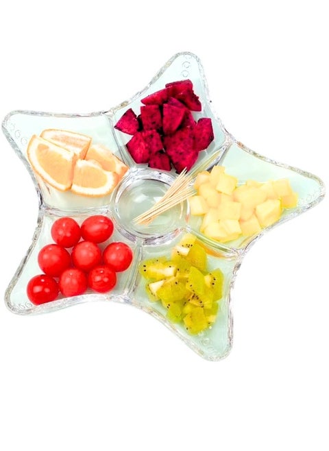 Star Shaped Glass Serving Platter For Fruits And Nuts Divided Into 6 Main Sections Ideal For Serving Different Types Of Foods In One Platter - Clear