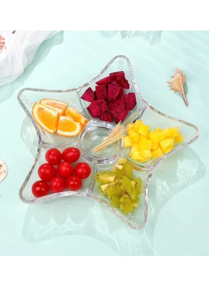 Star Shaped Glass Serving Platter For Fruits And Nuts Divided Into 6 Main Sections Ideal For Serving Different Types Of Foods In One Platter - Clear