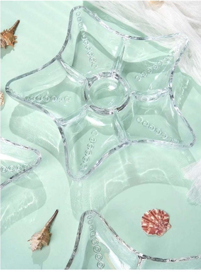 Star Shaped Glass Serving Platter For Fruits And Nuts Divided Into 6 Main Sections Ideal For Serving Different Types Of Foods In One Platter - Clear