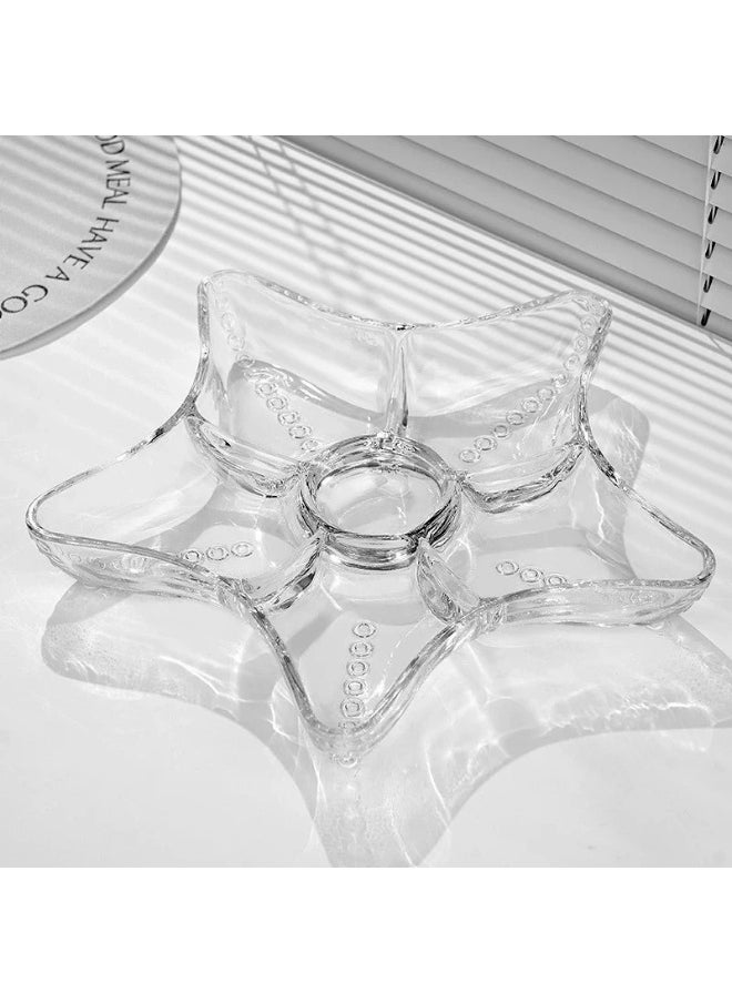 Star Shaped Glass Serving Platter For Fruits And Nuts Divided Into 6 Main Sections Ideal For Serving Different Types Of Foods In One Platter - Clear