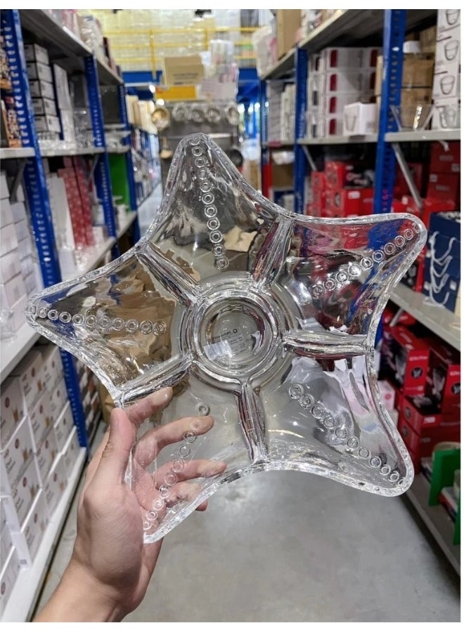 Star Shaped Glass Serving Platter For Fruits And Nuts Divided Into 6 Main Sections Ideal For Serving Different Types Of Foods In One Platter - Clear
