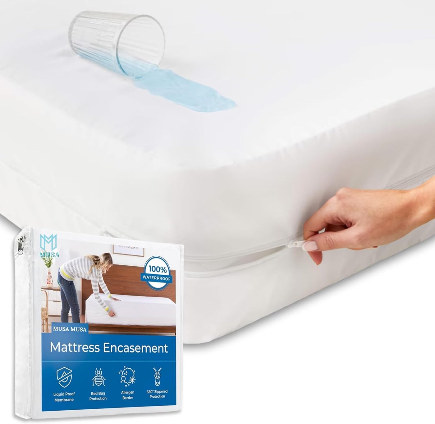 MUSA MUSA Premium Mattress Encasement - 100% Waterproof Mattress Cover with Bed Bug & Dust Mite Protection (White, Single/Twin - 100 x 190cm)