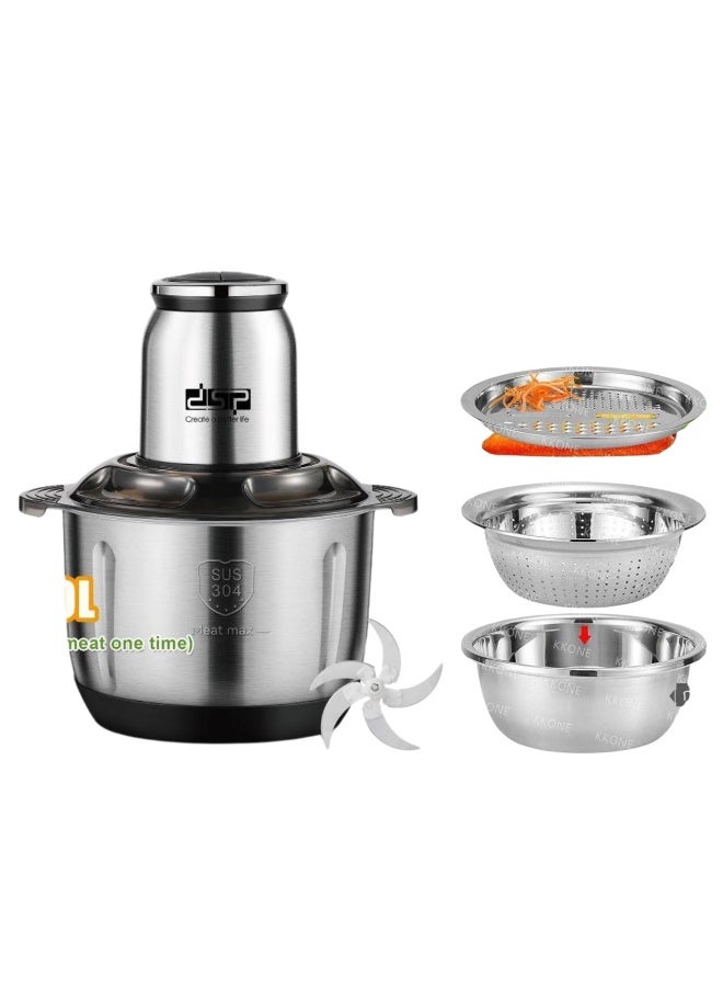 DSB 5-liter capacity, 500-watt power, stainless steel bowl for mincing meat and vegetables, DSP copper motor, model KM-4108, with a 3-piece set including a strainer, grater, vegetable washing bowl, and a stainless steel kitchen utensil for kneading dough and mixing salad. - Image 2