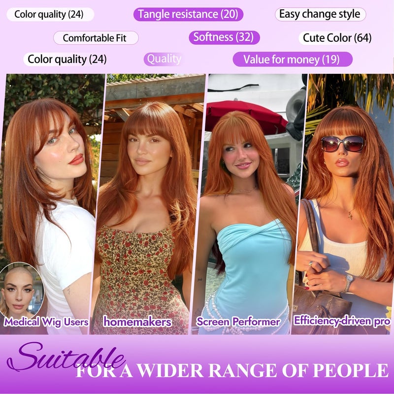 Eawwii Long Ginger Wig with Bangs for Women,4x4 Realistic Scalp, Free Parting,Layered Hairstyle Synthetic Heat Resistant for Daily Party Use 26 inch - Image 4