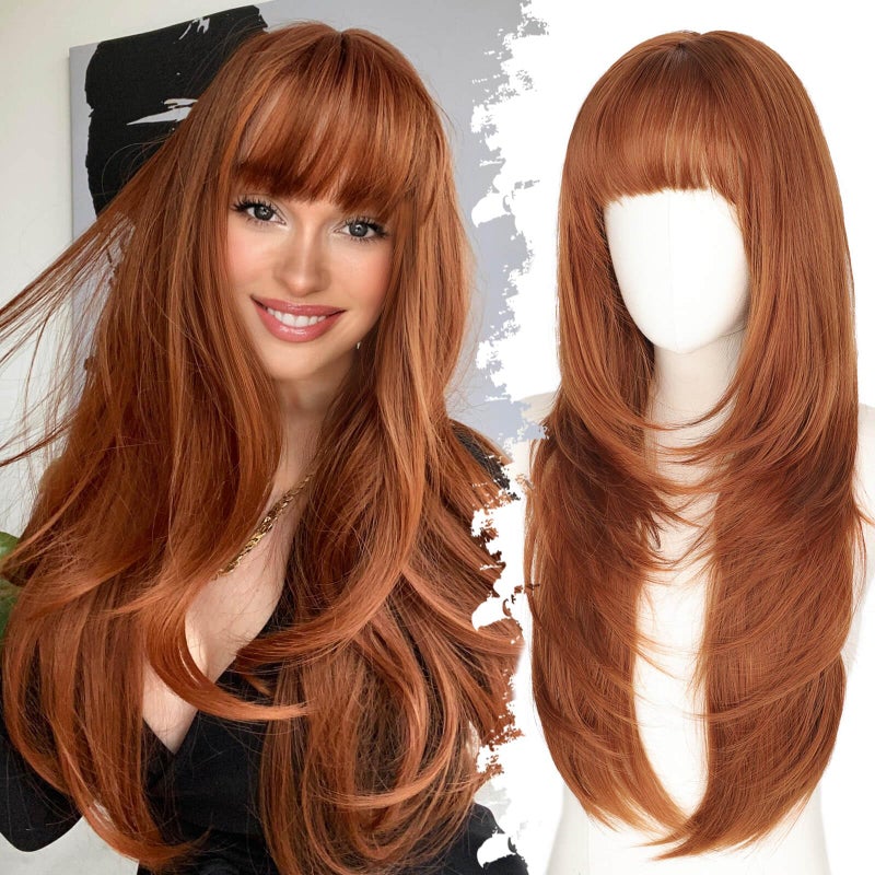 Eawwii Long Ginger Wig with Bangs for Women,4x4 Realistic Scalp, Free Parting,Layered Hairstyle Synthetic Heat Resistant for Daily Party Use 26 inch - Image 1