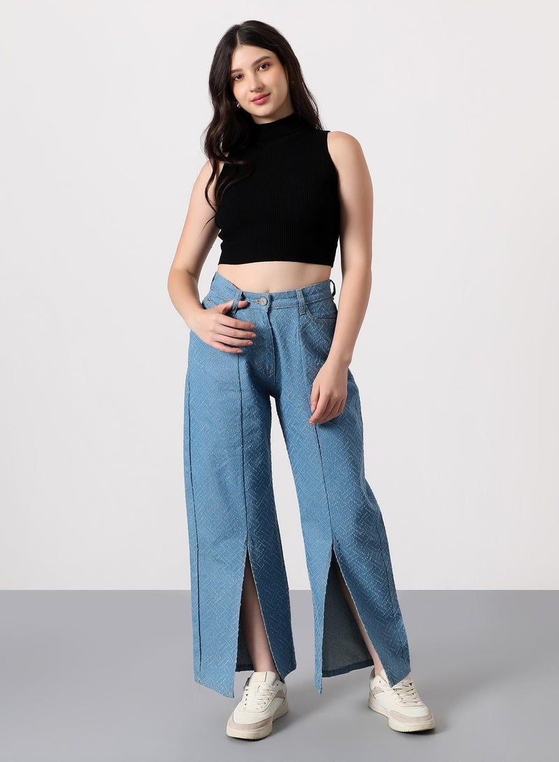 Campus Sutra Women's Geometric-Distressed Denim Jeans | High-Rise , Full-Length, Button Closure | Light-Wash Twill | Woven Denim Jeans For Casual & Daily Wear | Sky Blue - Image 5