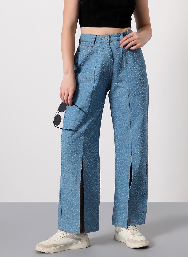 Campus Sutra Women's Geometric-Distressed Denim Jeans | High-Rise , Full-Length, Button Closure | Light-Wash Twill | Woven Denim Jeans For Casual & Daily Wear | Sky Blue - Image 1